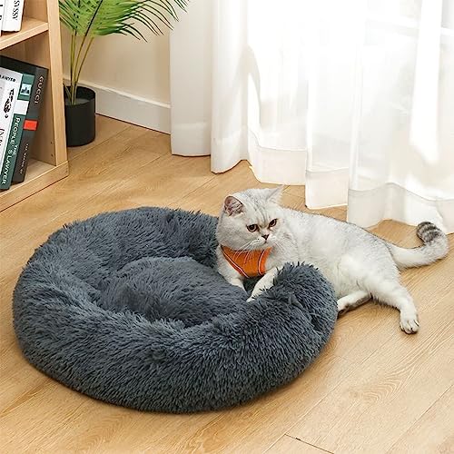 Dog Bed for Small Medium Dogs, 24 inch Calming Dogs & Cat Bed, Washable Round Cozy Soft Pet Bed for Puppy and Kitten with Slip-Resistant Bottom, Fluffy Plush Faux Fur Donut Cuddler Dog Bed