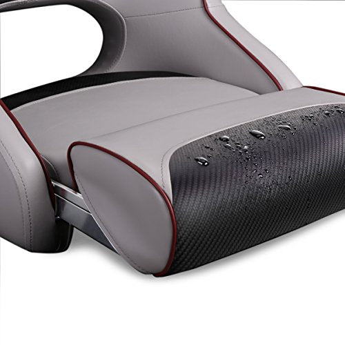 Leader Accessories Two Tone Captains Bucket Seat Boat Seat Premium Sports Flip Up Boat Seat(Light Grey/Black,Dark Red Piping)