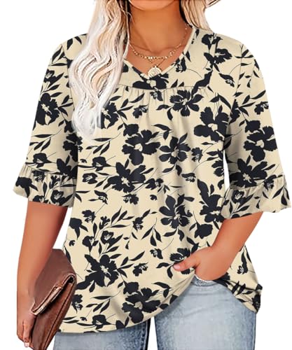 Micoson Womens Dressy Tops Plus Size Casual 3/4 Sleeves Loose Tunic Tops V Neck Pleated Front Plain Work Blouses Shirt, Green XL
