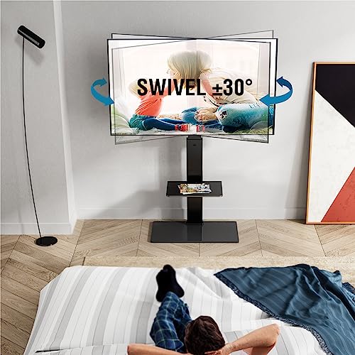 FITUEYES Swivel Floor TV Stand with Mount for TVs 37 43 50 55 60 65 70 75 Inch LCD LED Flat/Curved Screens Universal Swivel Televisions TV Mount Stand for Bedroom Living Room Black Tempered Glass Base