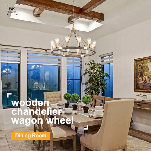 Benkut Farmhouse Wagon Wheel Chandelier 31" Black Rustic Light Fixtures 12-Light Wood Round Chandelier for Dining Room Living Room Entryway Foyer