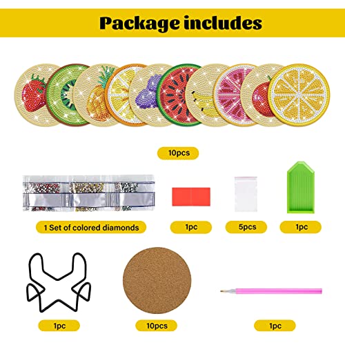 QUITEDEW 10 Pack Fruit Diamond Painting Coasters, DIY Diamond Art Kits for Adults, Diamond Art Coasters for Adult Beginner