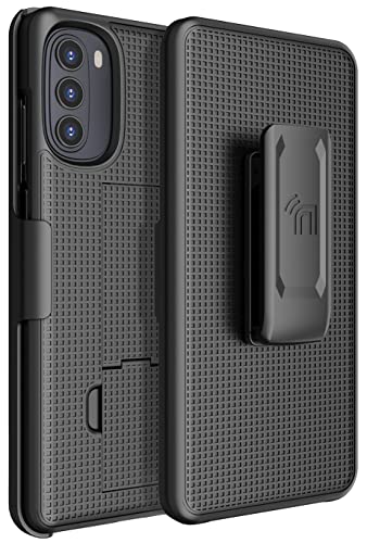 Case with Clip for Moto G 5G (2022), Nakedcellphone Slim Hard Shell Phone Cover with Kickstand and [Rotating/Ratchet] Belt Hip Holster Holder Combo for Motorola XT2213 Series - Black