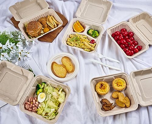 ECOLipak 300 Pack Clamshell To Go Containers, 100% Compostable Disposable Take Out Food Containers, 8X8 inch 3-Compartment Heavy-Duty To Go Boxes