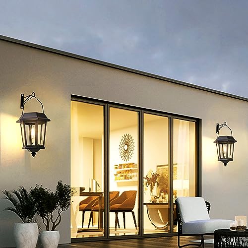 Hanging Solar Lanterns Outdoor, 2 Pack Glass Solar Lights Outdoor Waterproof, Auto ON/Off Solar Wall Lanterns for Outside Porch, Patio and Yard