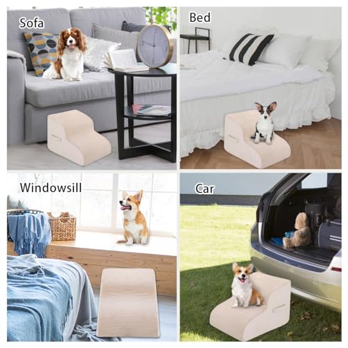 High Density Foam Dog Stairs Steps, 13.7’’ Non-Slip Extra Wide Deep Pet Steps for Beds Or Couches, for Injured or Older Pets Dogs and Cats with Joint Pain, 2-Tiers (Beige)