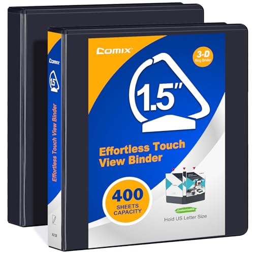 Comix 2 inch 3 Ring View Binder, 2" Slant-D Ring Finger-Touch, Holds 8.5" x 11" Paper, Designed for Durability, Effortless Opening, 2 Pack (Black)