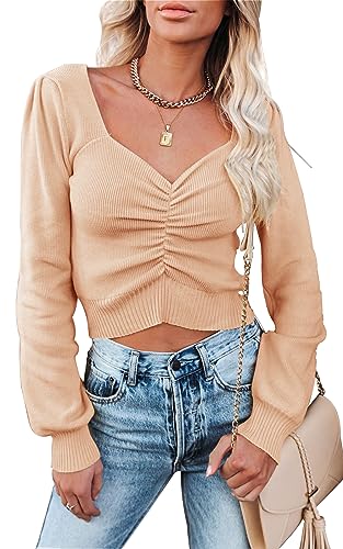 PRETTYGARDEN Fall Long Sleeve Cropped Sweaters for Women 2024 Off The Shoulder V Neck Ruched Ribbed Knit Going Out Tops (White, X-Large)