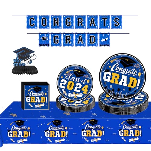Graduation Party Plates and Napkins 2024, Blue and Gold Graduation Party Supplies Congrats Grad Party Decorations Class of 2024, Graduation Tablecloth,Banner,Serve 25
