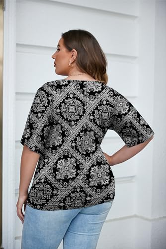 IN'VOLAND Womens Plus Size Tops V Neck Wrap Short Sleeve Shirts Casual Loose Dolman Top Tunic Blouses Black White