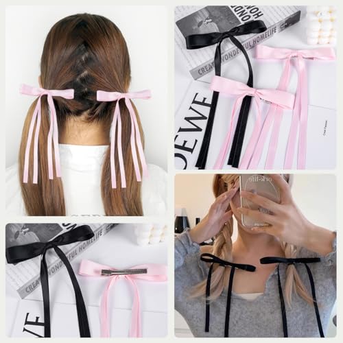 NYXXZ Hair Bow Clip, 4 Pcs Ribbon Bowknot Tassel Long Tail Hair Bow Clips for Girls, Women's Hair Accessories, Black, 4.1*2.75 inches(Length*Width), 4 Count