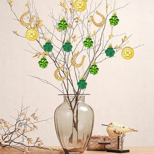 St. Patricks Day Decorations Shamrock Ornaments - 48pcs Shamrock Clover Gold Coins Horseshoe Tree Ornaments for Spring Lucky Irish Day St Patrick's Day Home Table Tree Party Hanging Decorations
