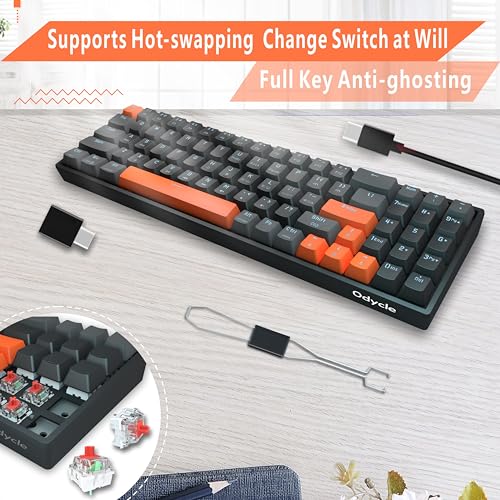 Odycle Wired Gaming Mechanical Keyboard, Portable LED Backlit Keyboard, 78 Keys 60% Mini Keyboard with Hot Swappable Red Switch, USB-A and Type-C Receiver for PC, Mac and All Type-C Devices, Black