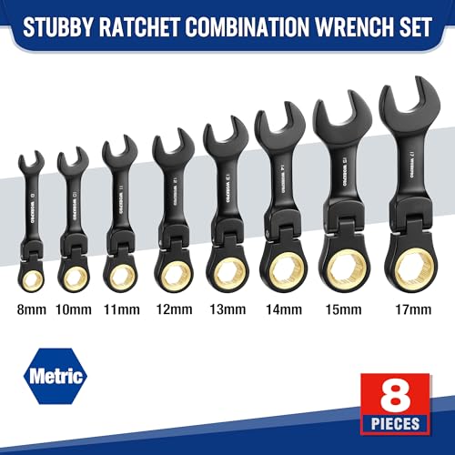 WORKPRO 8-Piece Stubby Anti-slip Ratcheting Combination Wrench Set, SAE 5/16-3/4 in, 72-Teeth, CRV, Black Electrophoretic Coating, Flex-Head Wrench Set with Rolling Pouch