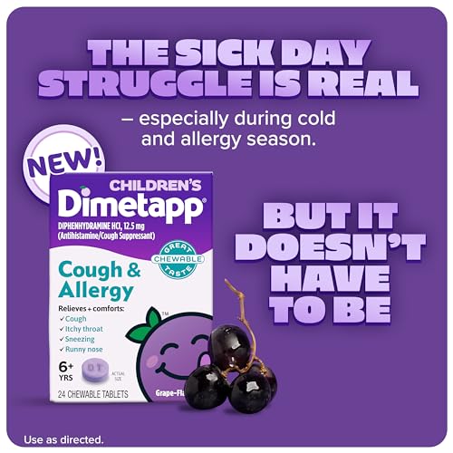 Children’s Dimetapp Fast-Acting Chewable Cough & Allergy Medicine, Antihistamine, Cough Suppressant, Grape Flavor, Relieves Cough, Itchy Throat, Sneezing & Runny Nose, 24 Chewable Tablets