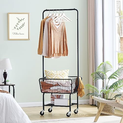 Tajsoon Laundry Cart with Hanging Rack, Metal Laundry Basket with Wheels, Laundry Hamper with Storage Basket and Shelf, Rolling Laundry Cart with Wheels, Black