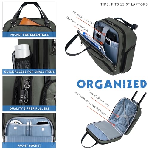 KROSER Carry On Underseat Multi-functional, 16-inch Underseater Lightweight Overnight Suitcase for Women, Army Green