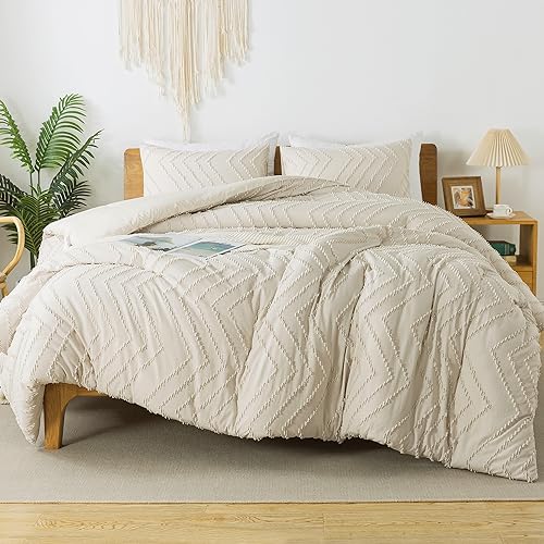 Litanika White Comforter Queen Size Set with Sheets - 7 Pieces Boho Bed in a Bag Chevron Tufted Complete Beddding Sets Lightweight All Season Bed Set with Comforter, Sheets, Pillowcases & Shams