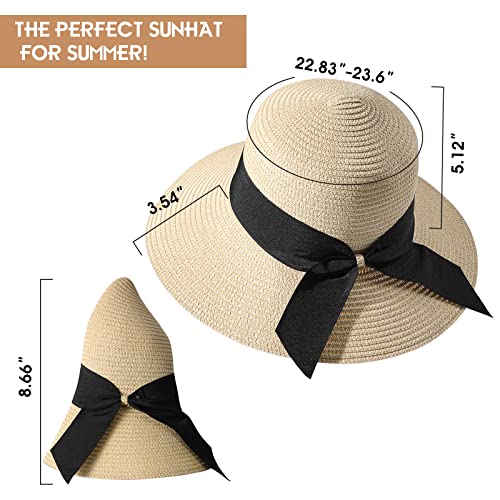 Beach Sun Hats for Women, Wide Brim Straw Hats with Adjustable Band, UPF 50+ Summer Foldable Roll up Hat