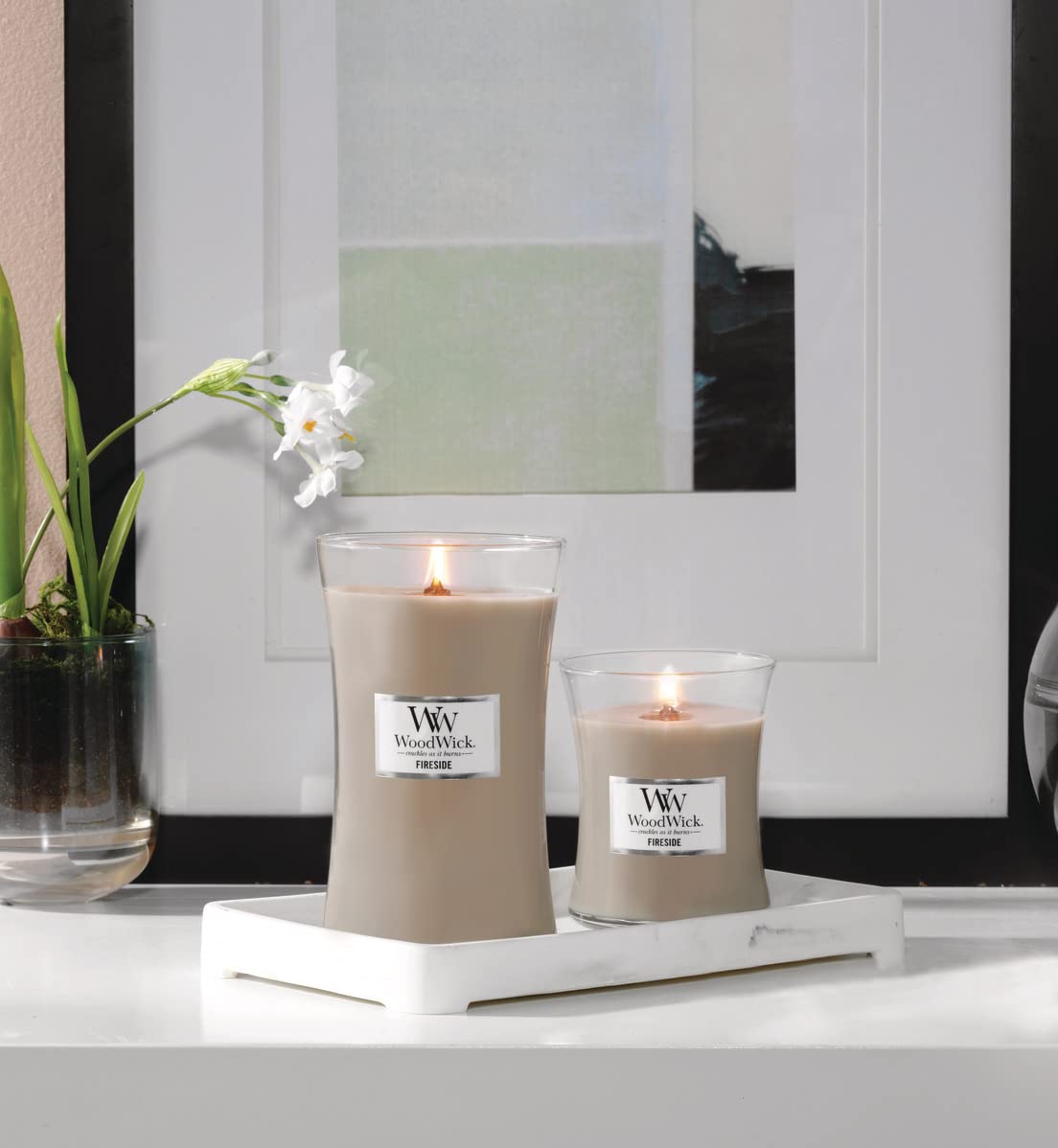 WoodWick Medium Hourglass Candle, Fireside Scent, Premium Soy Blend Wax, Pluswick Innovation Wood Wick, 10oz, Perfect for creating a cozy ambiance