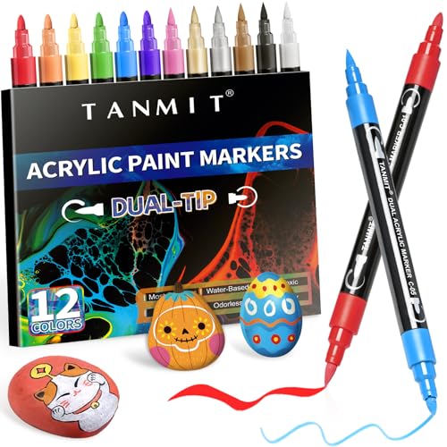 Acrylic Paint Pens, 12 Colors Dual Tip Acrylic Paint Markers with Brush Tip and Fine Tip, Acrylic Pens for Rock Painting, Wood, Canvas, Stone, Glass, Ceramic,DIY Crafts Making Art Supplies