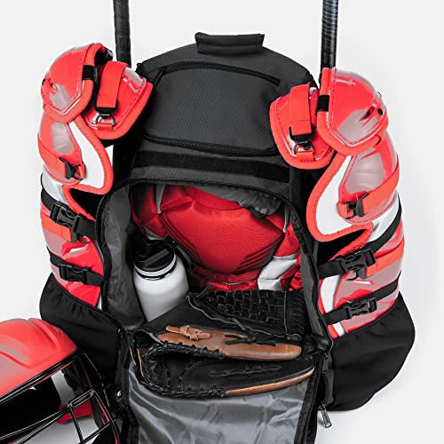 Athletico Dominator Baseball Backpack, Catchers Gear Adult Baseball Bag for 4 Bats, Large Bat Bag for Baseball Equipment, Holds Chest Protector, Helmet, Gloves, Cleats - Black