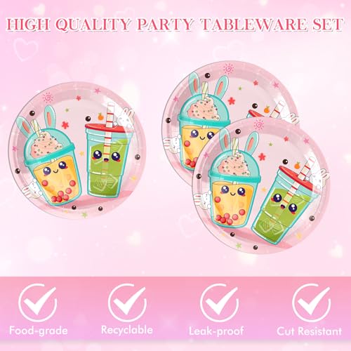 40PCS Boba Tea Party Decorations Boba Party Kit Bubble Tea Birthday Dinnerware Decoration Include Boba Tea Plate Napkins for Girl's Birthday Baby Shower