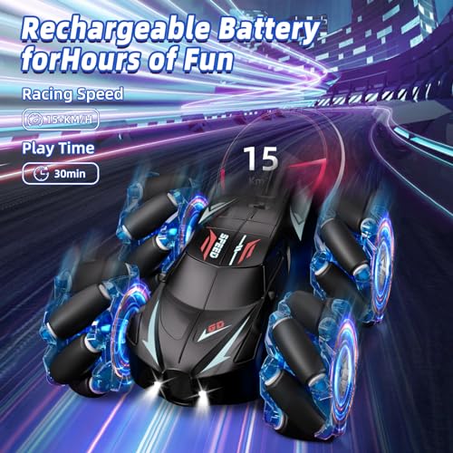 Jovow RC Stunt Car, 2.4GHz 4WD Gesture Sensing Remote Control Car with Cool Light and Music, Double-Sided 360° Flips RC Cars for Boys Age 6-12 8-12 Birthday Christmas Toy Cars(Blue)