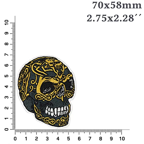 SKULL Patch pirates | Golden skull iron-on patch for all fabrics & leather | Skull head sticker for clothing and leather | tribal badge halloween accessory emblem | 2.75x2.28 in