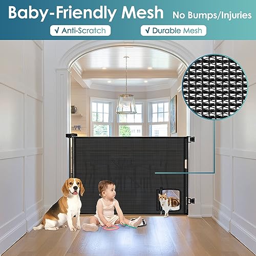 Retractable Baby Gates Retractable Dog Gate with Cat Door Walk Through 55" Wide Baby Gates for Dogs Indoor Baby Gate with Door Outdoor Pet Gate for Cats Cat Gate for Doorway Dog Gate for Stairs, Black