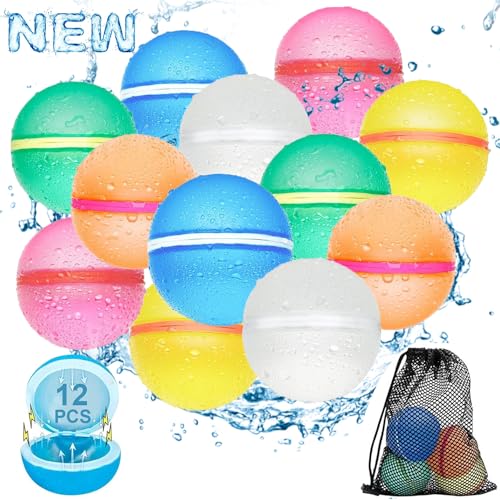 Reusable Water Balloons for Kids,12 PCS Magnetic Refillable Latex-Free Silicone Water Bomb with Mesh Bag, Summer Toys Beach Toys Swimming Pool Party Supplies Bath Toy Outdoor Summer Surprise for Kids