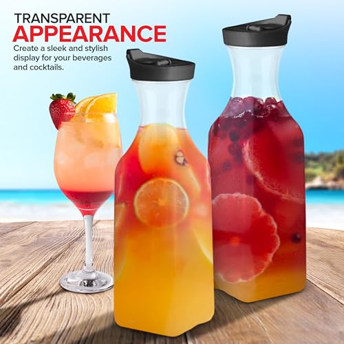 50oz Plastic Juice Carafe with Black Lids (2 Pack) 50 oz Carafes for Mimosa Bar, Drink Pitcher with Lid, Milk Container, Clear Beverage Containers for Fridge, Pantry Storage, Square Pitchers