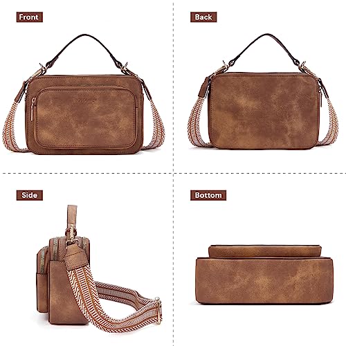 BOSTANTEN Crossbody Bags for Women Trendy Vegan Leather Purses Top Handle Shoulder Handbags with Wide Strap Beige with Brown