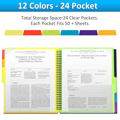 HABGP 12 Pocket Plastic folders with Pockets, 6 Colors Multi Pocket Folder Binder with Dividers, Office Organizer Folder Letter Size School Supplies