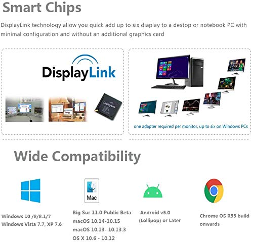 WAVLINK USB3.0 to HDMI/DVI/VGA Universal Graphic Adapter，Supports Primary/2048x1152 Extend/Mirror Video Mode up to 6 Display Units with Aduio Port Displaylink Chip for Windows, Chrome OS