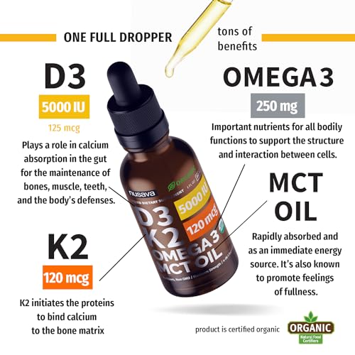 (2 Pack) Organic Vitamin D3 K2 Drops w MCT Oil Omega 3, 5000 IU, Vitamin D Liquid 5000 IU, No Fillers, Non-GMO Liquid D3 for Body’s Defenses & Faster Absorption, Unflavored, 2 Fl Oz Liquid Vitamin D3