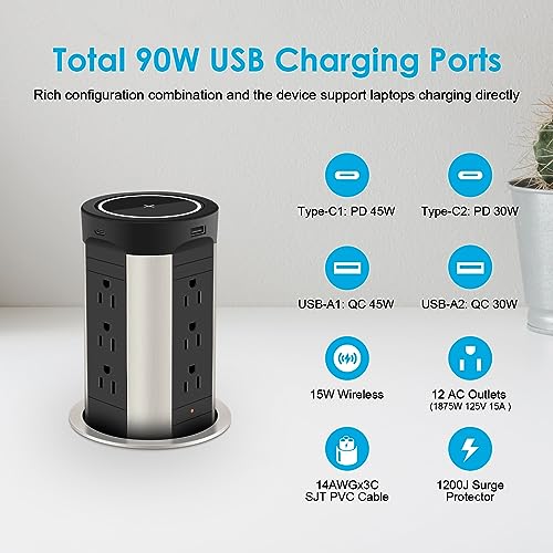 HEZI 4" Pop Up Countertop Outlet with 15W Wireless Charger, Max 45W Power Delivery,15A Tamper Resistant 1200J Surge Protection, Pop Up Electrical Receptacle with 12AC 2 USB-A 2 USB-C for Home Office