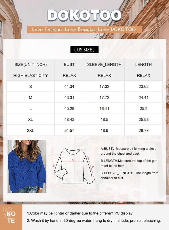 Dokotoo Sweater for Women 2024 Fashion Ladies Cute Soft Thick Crewneck Fall Tops Solid Hollow Out Crochet Chunky Winter Cozy Long Sleeve Cable Knit Pullover Sweaters Trendy Clothes Dusty Blue Medium