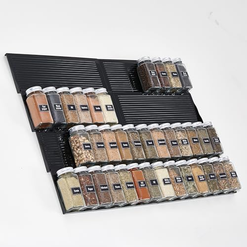 Lifewit Plastic Adjustable Spice Drawer Organizer, Expandable Spice Rack for Countertop, Jar Storage Tray for Condiment, Seasoning, Syrup,Liquor, Medicine for Kitchen, Pantry, Set of 8, Black