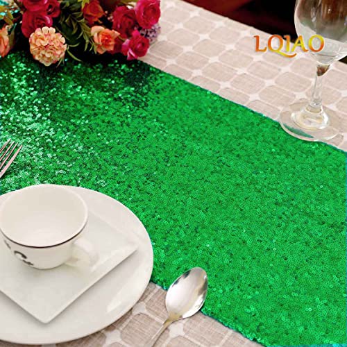 LQIAO Sequin Table Runner Green Blue-12x72in-Black Green Shiny Sequin Linen
