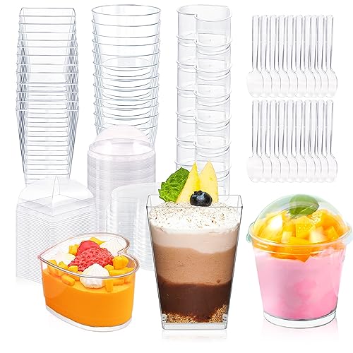 ALEXPRE 400 Pack 3oz 5oz Dessert Cups with Lids and Spoons, 3 Styles Clear Plastic Appetizer Cups Disposable Party Mini Parfait Cups for Serving Fruit Trifle Mousse Ice Cream and Pudding Dessert Cups