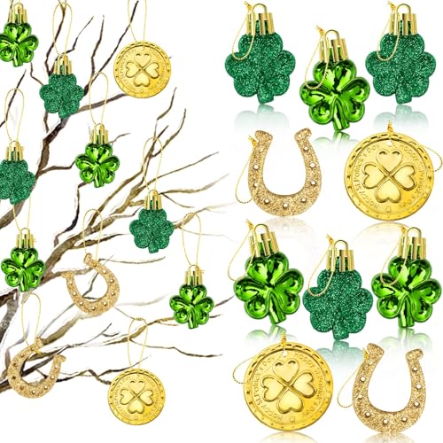 St. Patricks Day Decorations Shamrock Ornaments - 48pcs Shamrock Clover Gold Coins Horseshoe Tree Ornaments for Spring Lucky Irish Day St Patrick's Day Home Table Tree Party Hanging Decorations