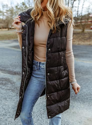 EVALESS Womens Casual Long Puffer Vest Quilted Hooded Sleeveless Zip Up Jacket Down Vest Winter Warm Lightweight Gilet Coat Outerwear with Pockets Black Small