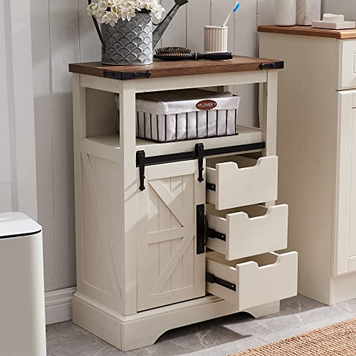 OKD Bathroom Floor Cabinet, Farmhouse Storage Cabinet with Sliding Barn Door & Storage Drawers, Small Storage Cabinet for Bathroom, Kitchen, Living Room, Antique Brush White