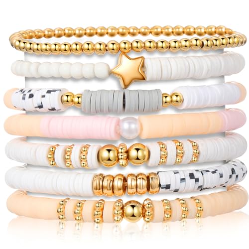 KISS WIFE Surfer Heishi Clay Beaded Bracelets for Women, Summer Beach Jewelry Bohemian Stackable Stretch Friendship Bracelet Set, Trendy Cute Preppy Stuff (9-Apricot Brown Star) (1-Apricot Pink Beads)