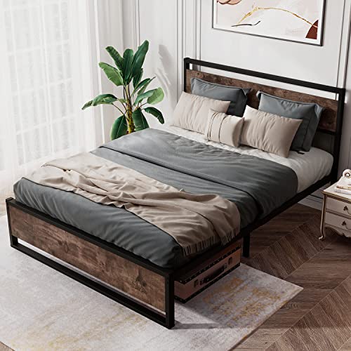 Keureedg Bed Frame with Wooden Headboard, Heavy Duty Metal Platform Bed Frame, Sturdy Metal Slats Support, Non-Slip Without Noise, No Box Spring Needed, Queen/King(Queen)