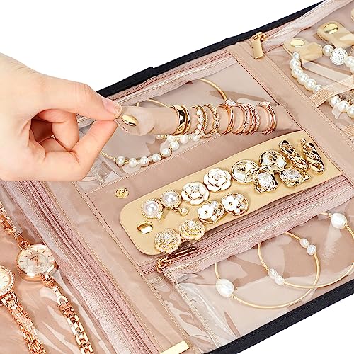 NISHEL Travel Jewelry Organizer Roll, Transparent Foldable Case for Necklaces, Earrings, Rings, Bracelets, Watch, Pink