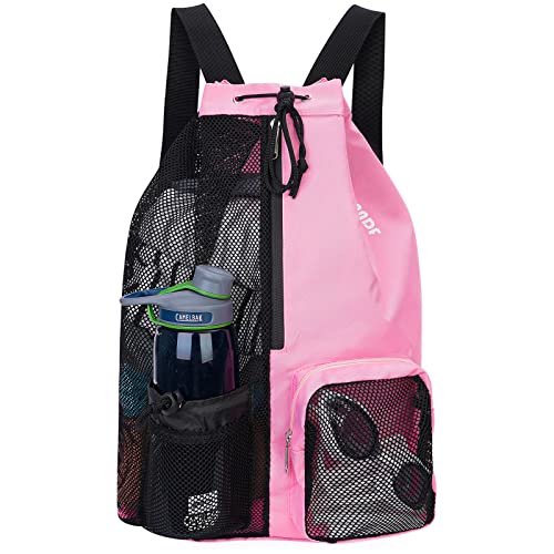 WANDF Swim Bag Mesh Drawstring Backpack with Wet Pocket Beach Backpack for Swimming, Gym, and Workout Gear (Pink)