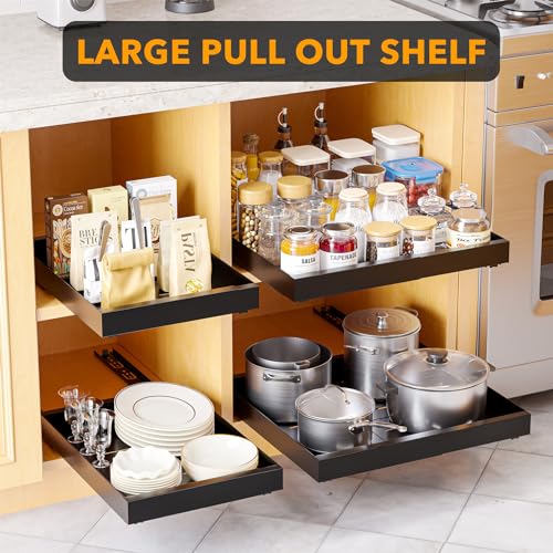 SpaceAid Pull Out Cabinet Organizer, 1 Pack Expandable (11.8"-19.6") Heavy Duty Pull-Out Drawer for Cabinets with Adhesive Tape, Kitchen Slide Out Shelves, Roll Out Shelf Storage (Black, 17" Deep)