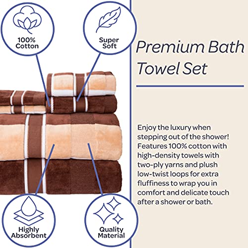 6PC Towel Set - Absorbent Cotton Bathroom Accessories with Bath Towels, Hand Towels, and Wash Cloths - Solid and Striped Bath Sheets by Lavish Home (Brown)